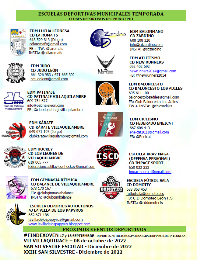 deportesvq's tweet photo. Aquí os dejamos la oferta de escuelas deportivas de clubes y asociaciones del municipio, para información e inscripciones ponerse en contacto con cada entidad
Una gran variedad de deportes y actividades!!!
#deportesvq #vqdxt #villaquilambre https://t.co/XMGa1BH0Dj
