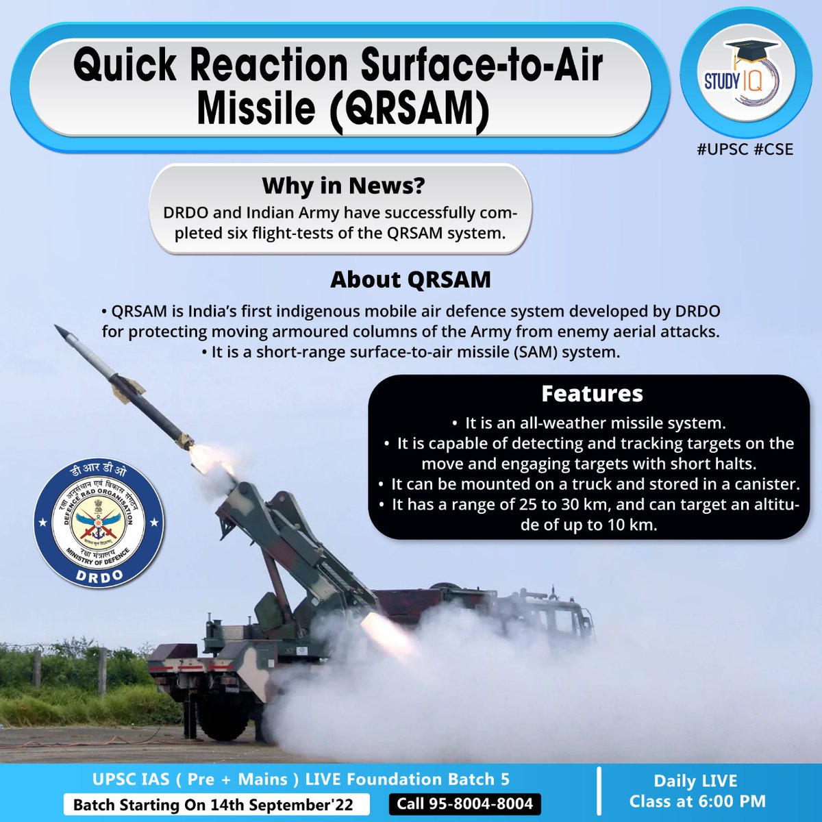 upsciq's tweet photo. #Quick Reaction #Surface-To-#Air #Missile (QRSAM)
#whyinnews #quickreaction #reaction #surfacetoair #airmissile #qrsam #drdo #indianarmy #qrsamsystem #defencesystem #army #enemy #aerialattacks #samsystem #features #allweather #missilesystem #trackingtargests #upsc #cse https://t.co/NbfwsOJC94