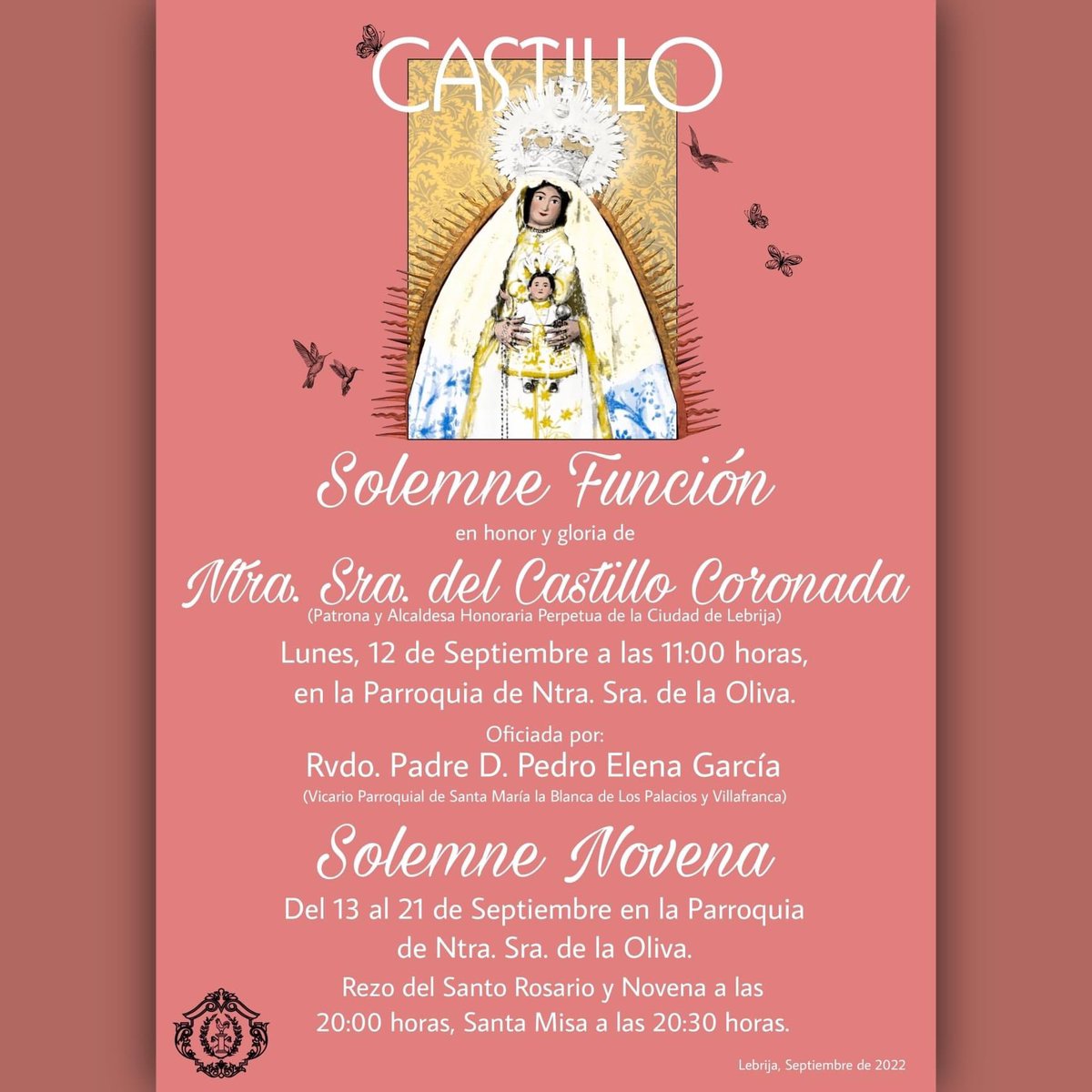 Lebrija Televisión ofrecerá EN DIRECTO la Solemne Función Principal en honor a la Virgen del Castillo a las 11:00h y que será oficiada por el sacerdote lebrijano don Pedro Elena.

Y a partir de las 20:00h retransmisión en directo de la procesión por las calles de Lebrija.