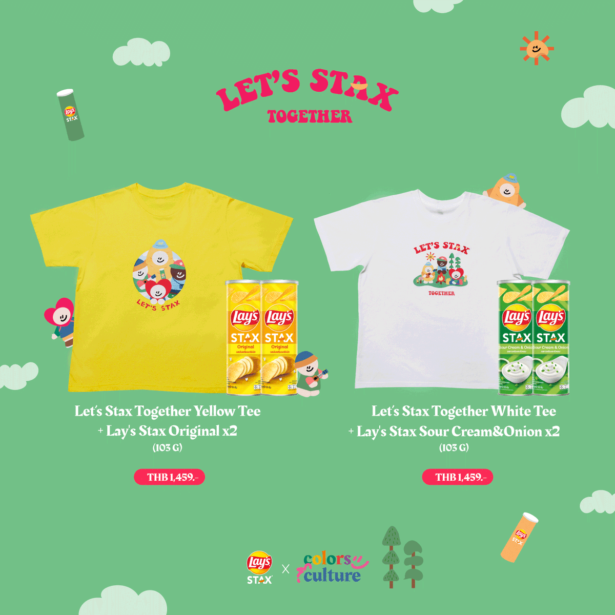 All in detail!! Let's Stax Together Collection 1,459THB/set 
Color : Yellow and White
Size : Free size (Bust 46’ Length 30’)
Material : Cotton 100%
Available date : Sep 15th 10AM at Pepsico Lazada 
#LaysStaxXcolorsculture #LaysStax #colorsculturebyPPKRITT