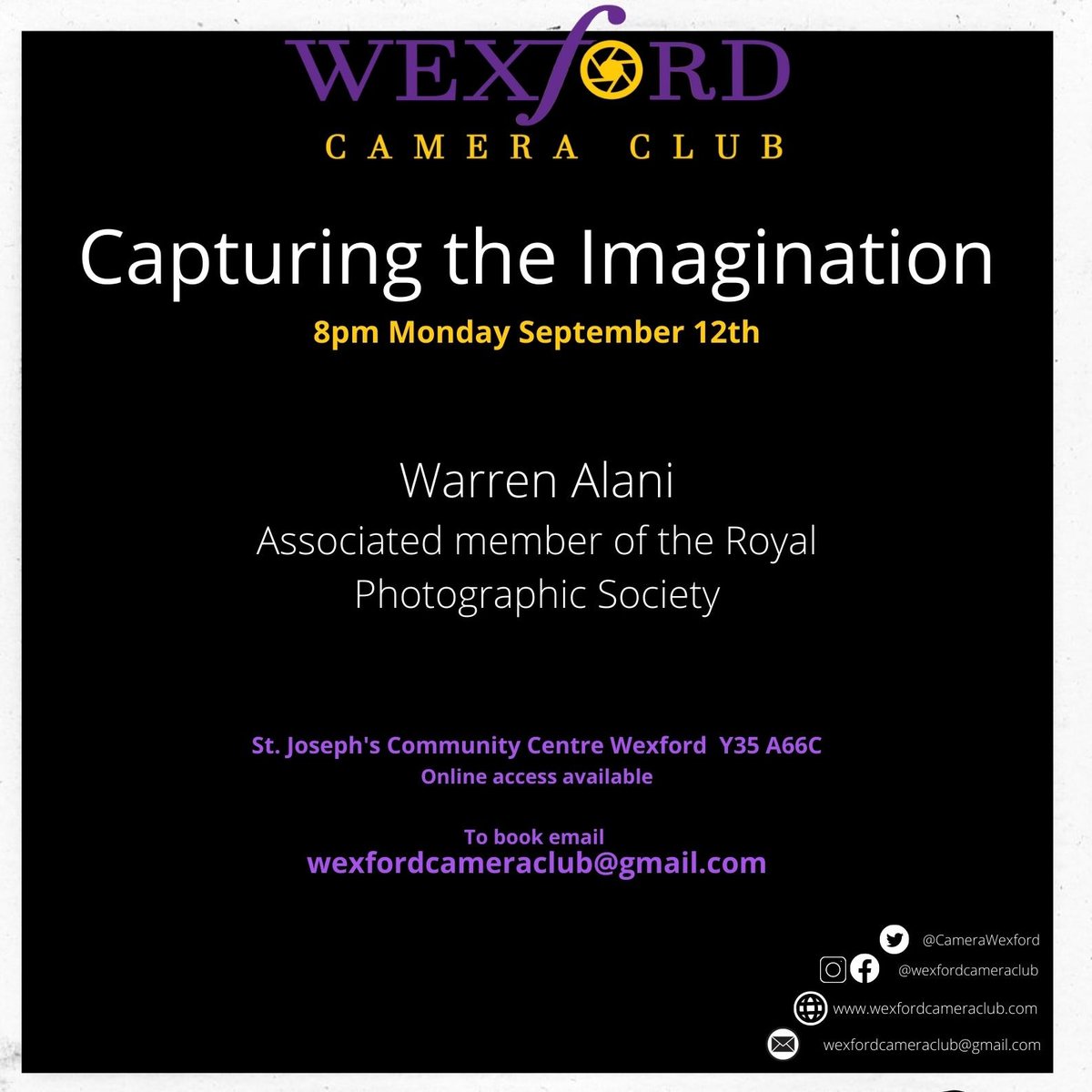 Fancy capturing your imagination? Join us tonight! 
#tonight #whatsoninwexford #joinus #freevent #cameraclub #wexfordcameraclub #photographyclub #visitwexford