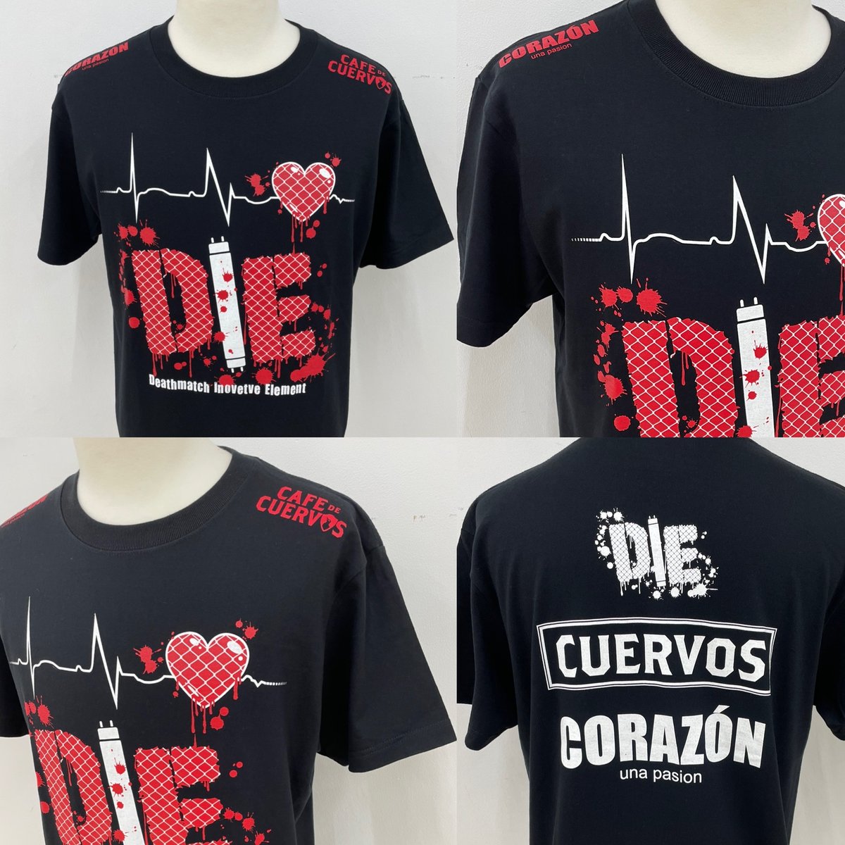 DEPORTES_SHOP's tweet photo. 【#CORZON】D.I.E(Deathmatch Inovetve Element)とCORAZONのコラボTシャツが先行発売中。　
「D.I.E ×CORZONコラボTシャツ」D.I.Eのロゴと心電図がマッチしてますね。CAFE DE CUERVOSのロゴも入ってます。サイズは、M～XXLまで。4,000円(税込）#デポルテス #haveanicedie #佐久田俊行 https://t.co/Tf6cSBNLdH