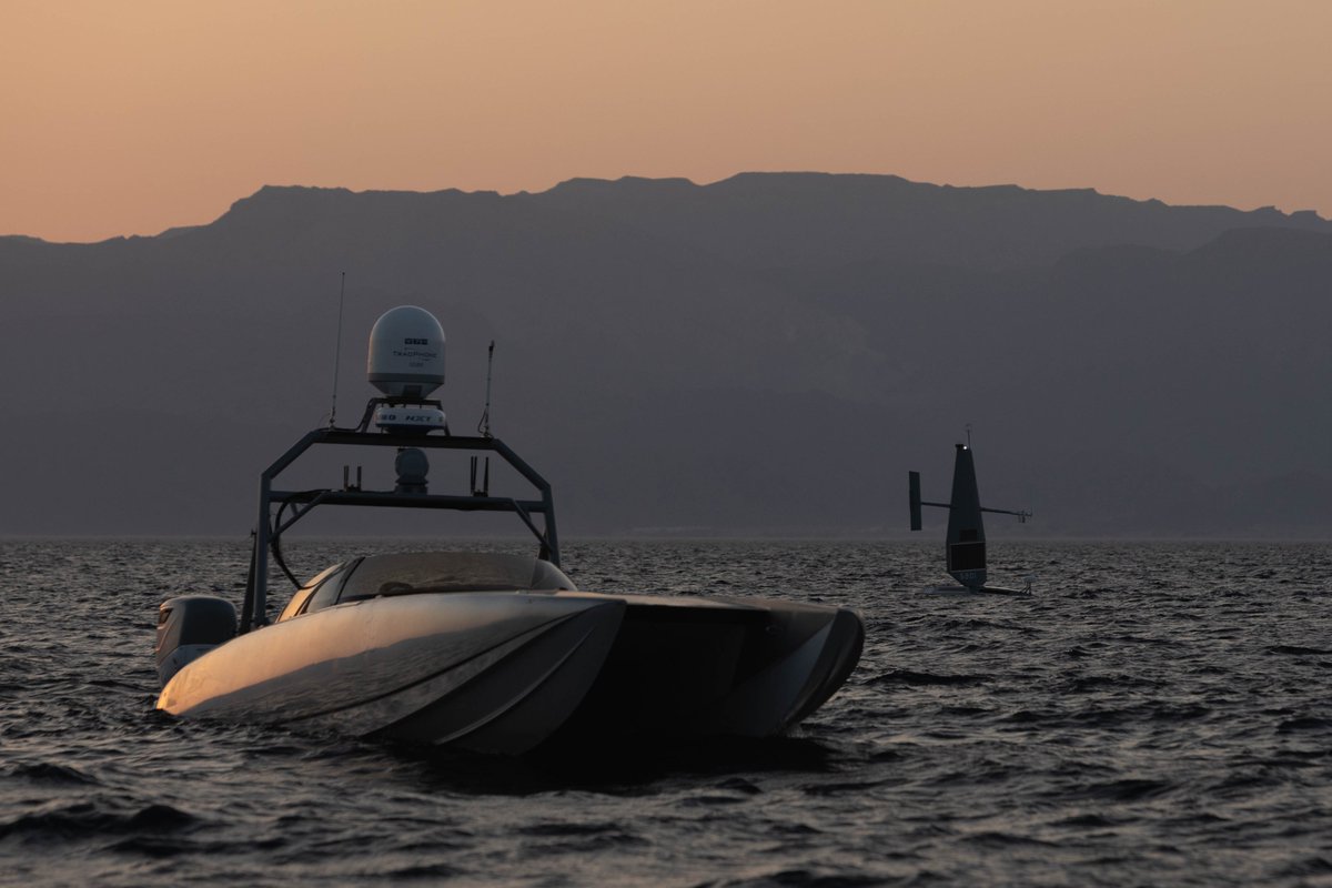 US5thFleet's tweet photo. 📸: Two unmanned surface vessels, a Devil Ray T-38 and Saildrone Explorer, operate in the Gulf of Aqaba, Sept. 10, during Eager Lion 2022. Eager Lion is an exercise between the U.S., Jordan &amp; 28 partner nations focused on enhancing military cooperation &amp; interoperability. https://t.co/C8kMrtU1T1