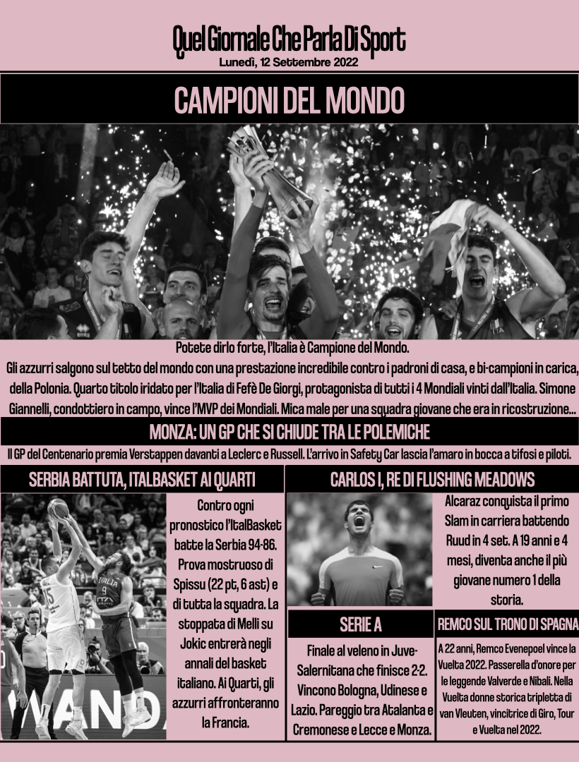 📰 L'EDIZIONE DEL 12 SETTEMBRE 2022 📰

#QuelGiornaleCheParlaDiSport #Sport #Alcaraz #Ruud #SerieA #JuventusSalernitana #UsOpen #LaVuelta22 #Calcio #Tennis #Remco #ItaliaPolonia #Mondiali #VolleyballWorldChampionship #Italbasket #Volley #Leclerc #Monza #Ferrari #F1 #ItalianGP