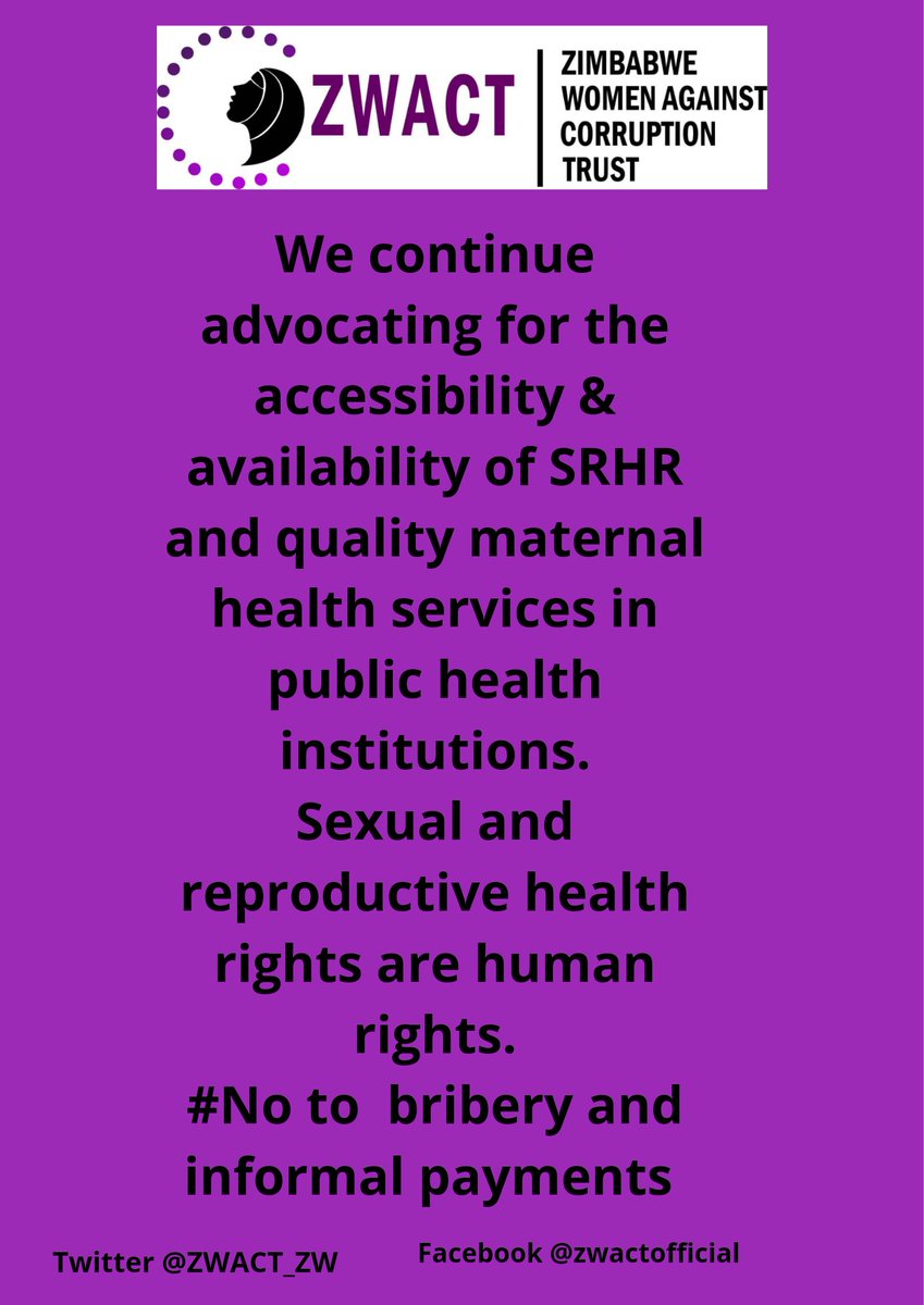 Health-care sector #Corruption disproportionately affects women &amp;girls as they  frequently visit health centers seeking SRHR &amp; maternal services.
It is vital to fight all barriers like #bribery hindering accessibility of #SRHR services in public health institutions.
<a href="/WCOZIMBABWE/">Women's Coalition of Zimbabwe</a>