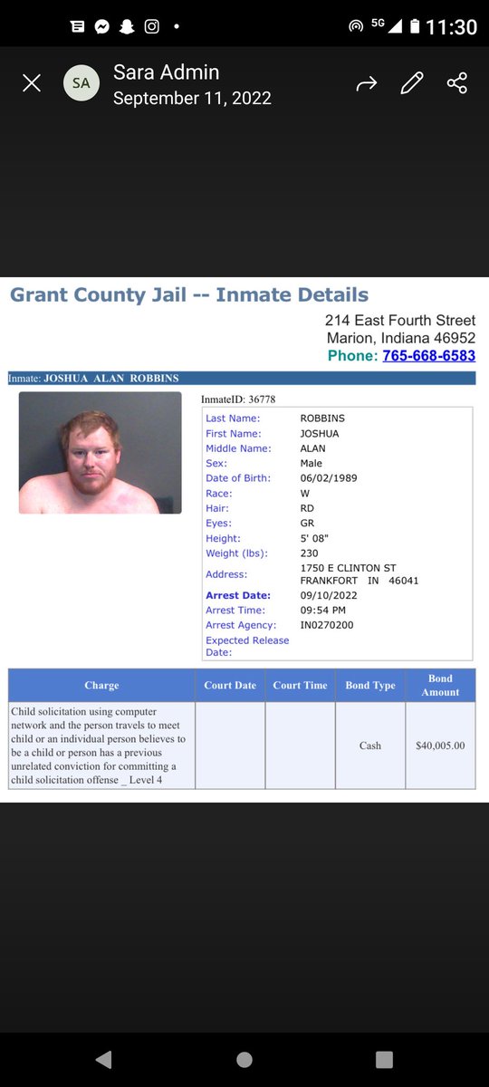 PciShanda's tweet photo. Josh from yesterday's catch was arrested and charged. 40k bond 👏👏 #checkyourkidsdevices #exposeonlinepredators #talkwithyourkids #harshersentencingforpreds #pcm #pci #grantco #indiana #frankfort https://t.co/3Hcy84nxfG