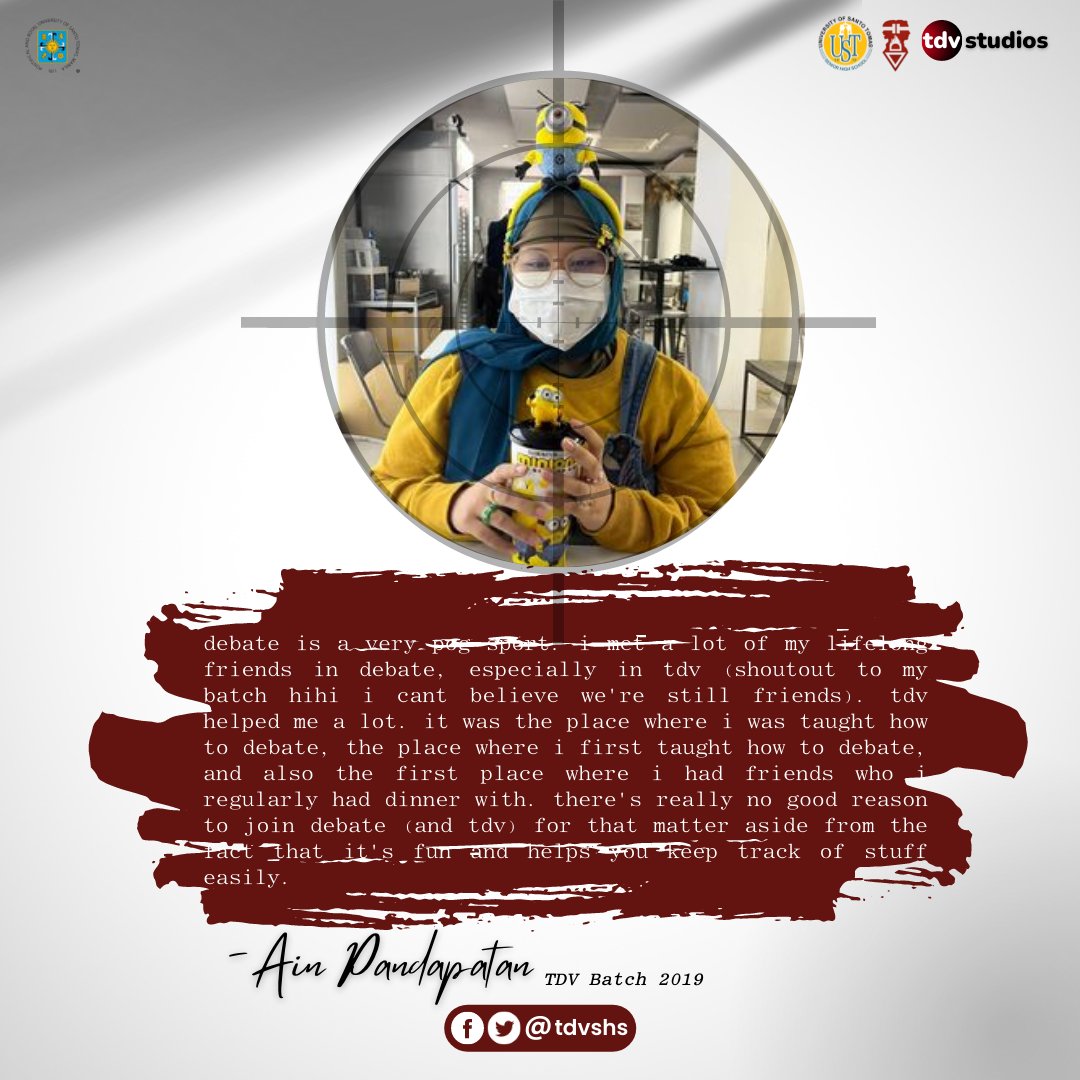 tdvshs's tweet image. #SetTheMotion
#HowToGetIntoDebate
#AreYouReadyForIt
#UnleashAndAblaze
#AlightWithSeniorHigh
#AblazingTheNextLevel

Pubmat by Maritoni Jean Caridad
Caption by Gabriel Adam Mabansag
Typography by Ma Andrea German and Jaycee Padilla