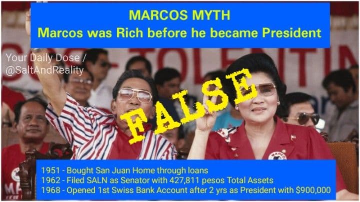 SaltAndReality's tweet photo. The myth that Ferdinand Marcos was already rich before he became president is FALSE. His SALN filed in 1962 when still a senator showed his Assets at 427,811pesos only. He was able to buy his San Juan home in 1951 by borrowing money &amp; his 1st Swiss account was opened only in 1968 https://t.co/huMw5n57HS