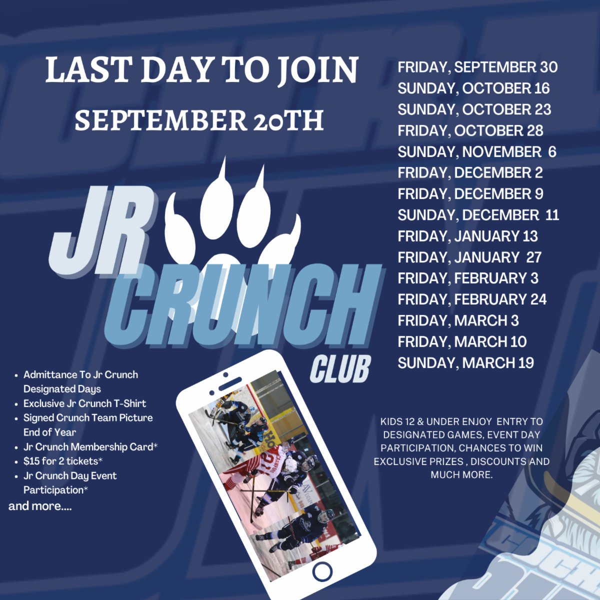 IFSTORMNOJHL's tweet photo. #JrCrunch. #CrunchClub.
*Friday's and *Sunday's are JR CRUNCH day!
Exclusive discounts, merchandise, events, game day participation and more.
LIMITED MEMBERSHIPS AVAILABLE
VISIT https://t.co/LB7adID5Sx. to join.
@CrunchNOJHL https://t.co/meFl8IevQw
