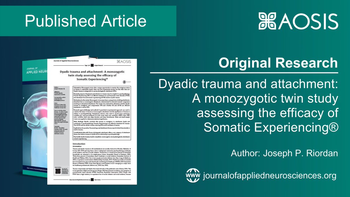 Original Research from <a href="/JAppliedNeuro/">Journal of Applied Neurosciences</a>:

Dyadic trauma and attachment: A monozygotic twin study assessing the efficacy of Somatic Experiencing®

Read more: bit.ly/3TOMoYB 

Download the PDF article: bit.ly/3ezeXcw

#openaccess #neuroscience #dyadic #monozygotic