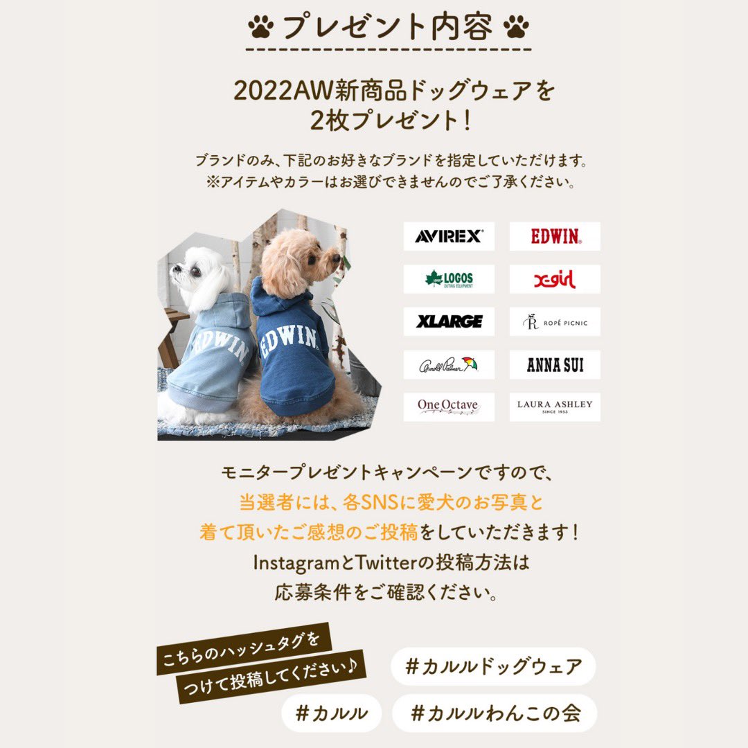 Calulu_dogwear's tweet photo. 本日から25日まで2022AW新商品ドッグウェアモニタープレゼントキャンペーン🎁新���品をお試しいただける特別なキャンペーンです💕ブランドご希望可能です！応募内容や方法はこちらの画像より確認してね♪沢山のご応募お待ちしてます🐶✨ https://t.co/Ew75i93s3Z