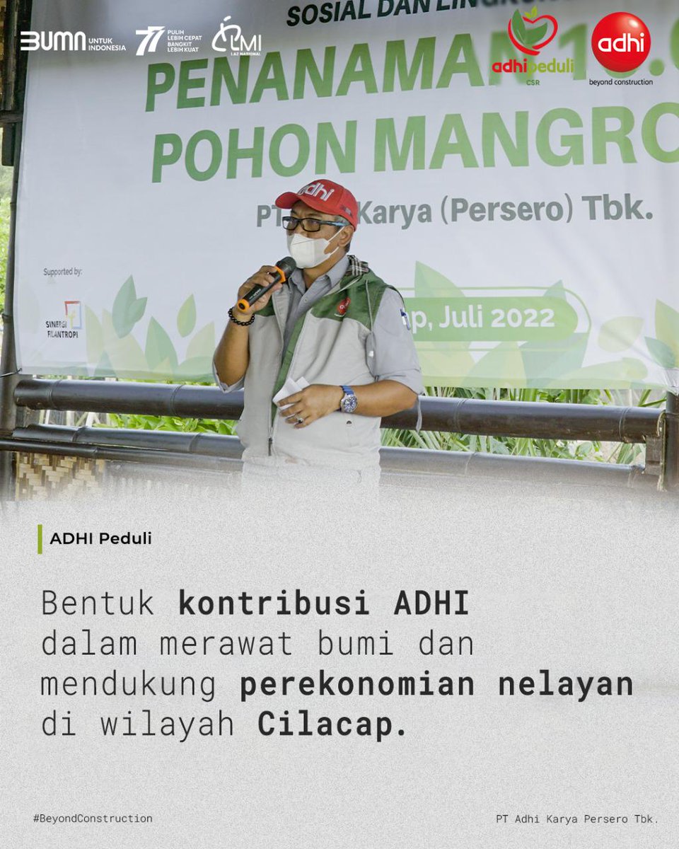 bumnsleman3hdr's tweet photo. Sobat BUMN,
pada Jum'at (29/07), ADHI menggandeng LAZNAS LMI, melakukan penanaman 10 ribu pohon Mangrove di wilayah Tritih Kulon, Cilacap Utara dan di wilayah Karangbend, Cilacap.
#ADHItanam10RibuMangrove
#ADHIPeduli
#ADHIKarya
#BeyondConstruction https://t.co/xSAEWQ2Wot