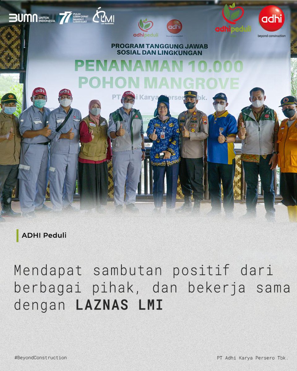bumnsleman3hdr's tweet photo. Sobat BUMN,
pada Jum'at (29/07), ADHI menggandeng LAZNAS LMI, melakukan penanaman 10 ribu pohon Mangrove di wilayah Tritih Kulon, Cilacap Utara dan di wilayah Karangbend, Cilacap.
#ADHItanam10RibuMangrove
#ADHIPeduli
#ADHIKarya
#BeyondConstruction https://t.co/xSAEWQ2Wot