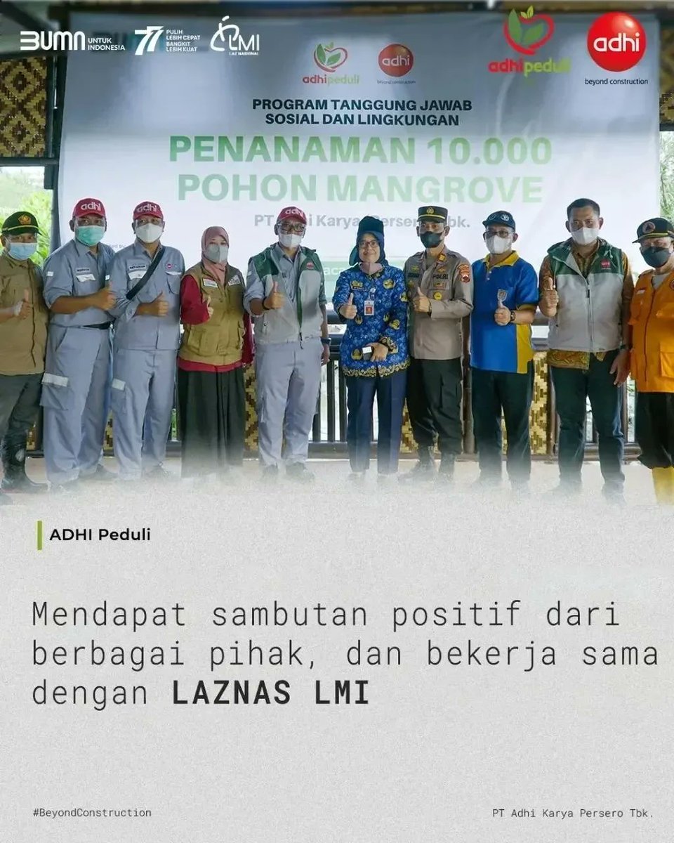bumntangerang3's tweet photo. Sobat BUMN,
ADHI menggandeng LAZNAS LMI,melakukan penanaman 10 ribu pohon Mangrove di wilayah Cilacap.kegiatan ini merupakan bentuk kontribusi ADHI dalam rangka merawat bumi & mendukung ekonomi nelayan
#ADHItanam10RibuMangrove
#ADHIPeduli
#ADHIKarya
#BeyondConstruction https://t.co/HrfIOLIupK