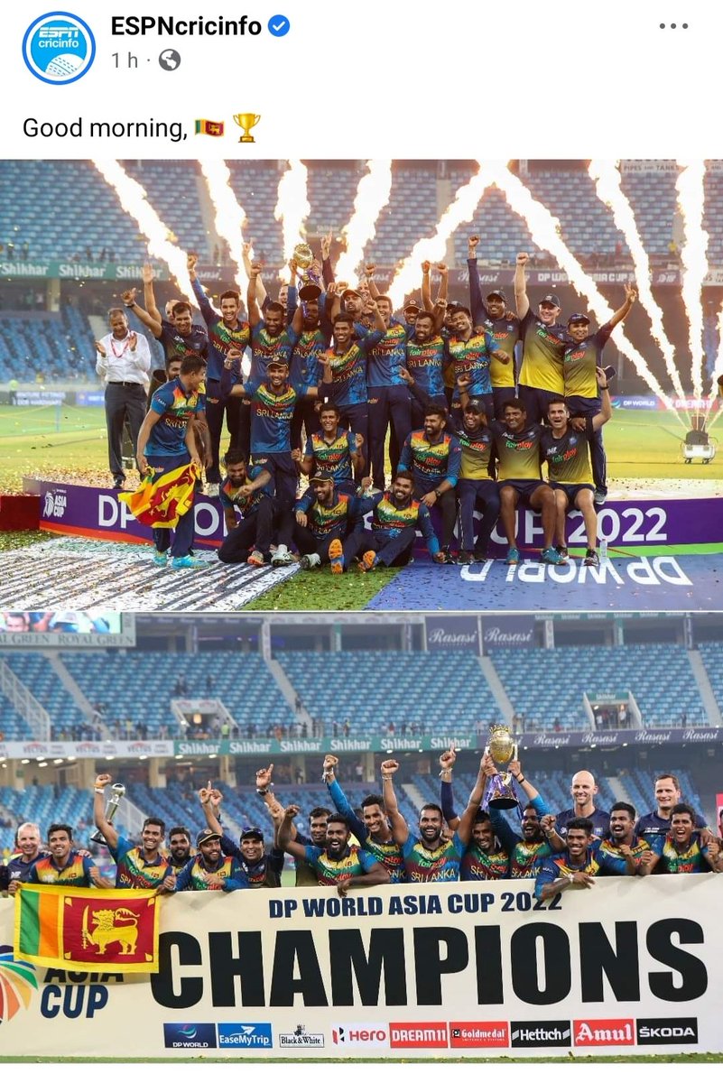 Chulaka16's tweet photo. Beautiful morning to wake up to. All bcz of @OfficialSLC @dasunshanaka1 @KusalMendis13 @ChamikaKaru29 @WaniduHasarang1 @maheesht61 @danushka_70 and the team. #DreamTeam #AsiaCup2022Final #KingsofAsia @ESPNcricinfo https://t.co/ww6ur33eC6