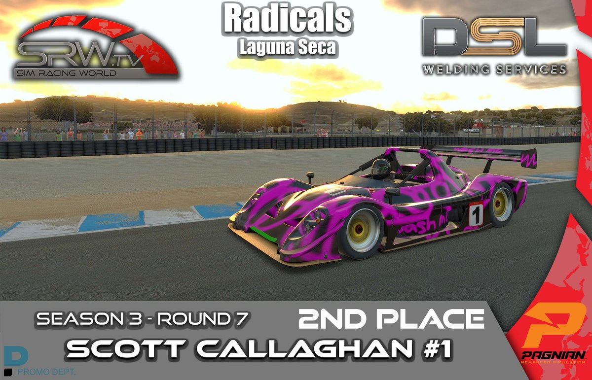 Sim_RacingWorld's tweet photo. DSL Welding Radicals -  Laguna Seca!

🏆 Congratulations to our round 7 podium! 🏆

1st \\ Michael CUTAJAR #17 - Privateer
2nd \\ Scott CALLAGHAN #1 - Privateer
3rd  \\ David UNGER ##54 - Privateer

🎬 https://t.co/91xka4yzn2 🎬

#iracing https://t.co/m18MYYJR4h