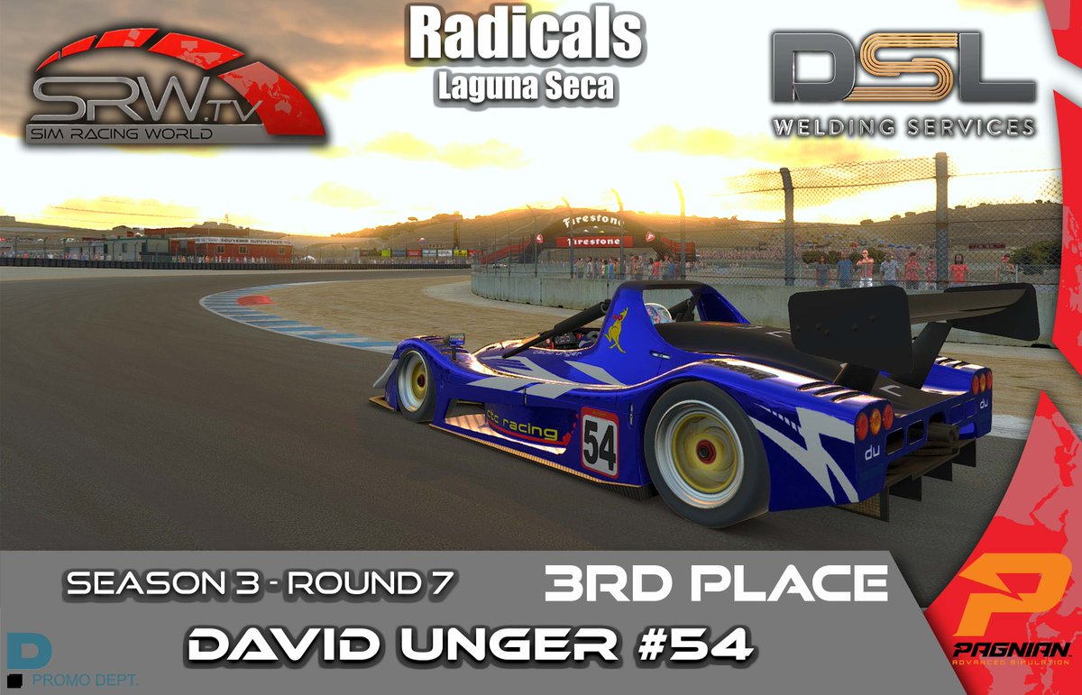 DSL Welding Radicals -  Laguna Seca!

🏆 Congratulations to our round 7 podium! 🏆

1st \\ Michael CUTAJAR #17 - Privateer
2nd \\ Scott CALLAGHAN #1 - Privateer
3rd  \\ David UNGER ##54 - Privateer

🎬 youtu.be/hc2hu9uWdLE 🎬

#iracing