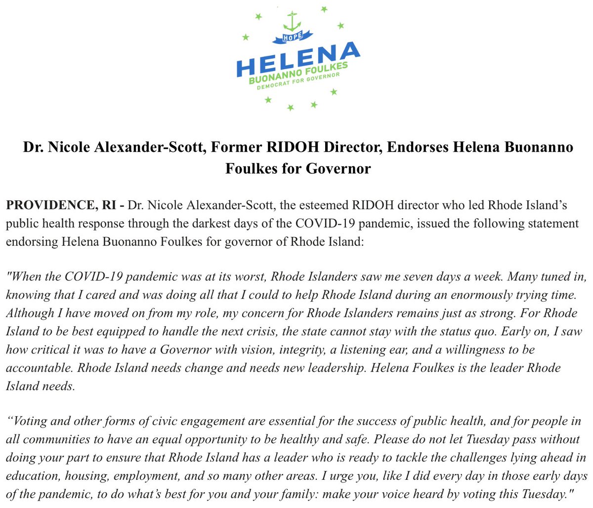 TedNesi's tweet photo. INBOX: Former @RIHealth chief Dr. Nicole Alexander-Scott endorses @HelenaBFoulkes for #RIGov

"Early on I saw how critical it was to have a Governor with vision, integrity, a listening ear, and a willingness to be accountable. Rhode Island needs change and needs new leadership." https://t.co/ATyup6eERO