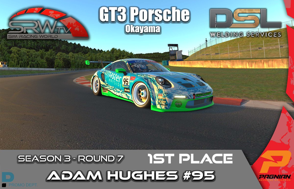 Sim_RacingWorld's tweet photo. DSL Welding GT3 Porsche -  Okayama!

🏆 Congratulations to our round 7 podium! 🏆

1st \\ Adam HUGHES #95 - Criss Cross Racing
2nd \\ Stefan McCARTAIN #51 - Whiteys Pies Racing
3rd  \\ Greg BARBER #022 - Criss Cross Racing

🎬 https://t.co/91xka4yzn2 🎬

#iracing https://t.co/bh2BA5iBwI