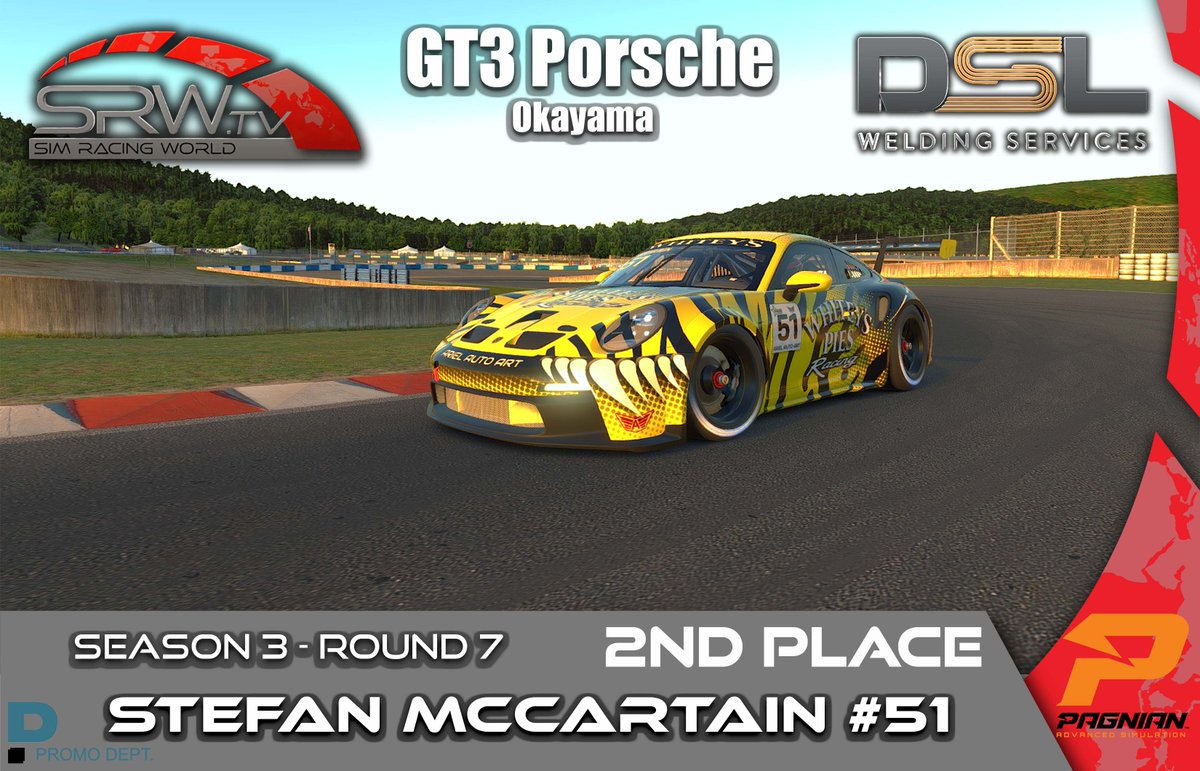 Sim_RacingWorld's tweet photo. DSL Welding GT3 Porsche -  Okayama!

🏆 Congratulations to our round 7 podium! 🏆

1st \\ Adam HUGHES #95 - Criss Cross Racing
2nd \\ Stefan McCARTAIN #51 - Whiteys Pies Racing
3rd  \\ Greg BARBER #022 - Criss Cross Racing

🎬 https://t.co/91xka4yzn2 🎬

#iracing https://t.co/bh2BA5iBwI
