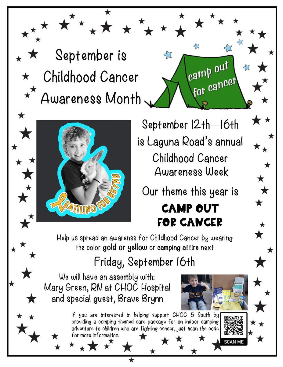 Join us in September as we Campout for Cancer. It’s Childhood Cancer Awareness month. As part of Project Impact, we learn about and care for others in our community.