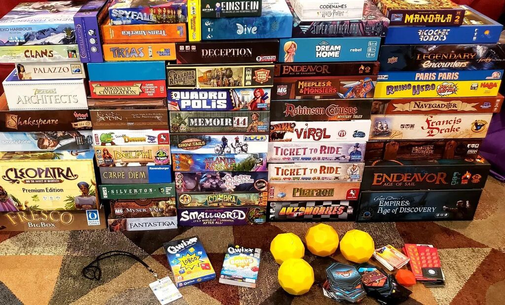 BoardGamerSteph's tweet image. Think this load will fit in the carry-on space for the @southwestair travel I have scheduled? 🤣🤣may have bought too many games at @reunitygames this past weekend... #gamehaul #bgg #reunitygames #cantstop #Allthegames #gameconvention #newgames #gamestack