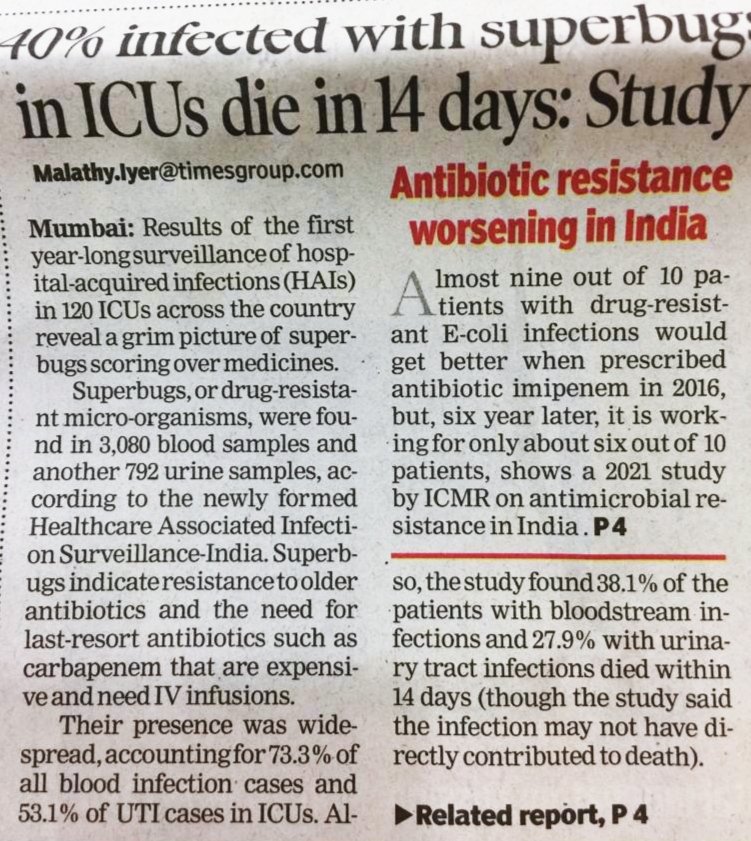 Mundra08's tweet photo. Edit by TOI on worsening antibiotic resistance situation
"Need of clear guidelines on preventing 🏥 acquired infections for all 🇮🇳 🏥, backed by regular independent audits. Mass awareness campaign on misuse of antibiotics (esp. OTC) must be considered."
https://t.co/oHs4Vo9ewv https://t.co/Fe2yX3lzTU