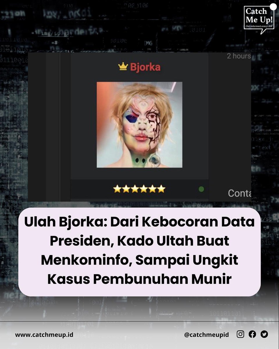 catchmeupco's tweet photo. Over the weekend, everybody’s eyes are on Hacker Bjorka. 

Pemerintah lewat Kepala Sekretariat Presiden Heru Budi Hartono bilang si Bjorka nih udah melanggar UU ITE, dan pasti bakalan diproses secara hukum dan bakal dicari itu si Bjorka sampai ketemu. https://t.co/MmUjVKDz45