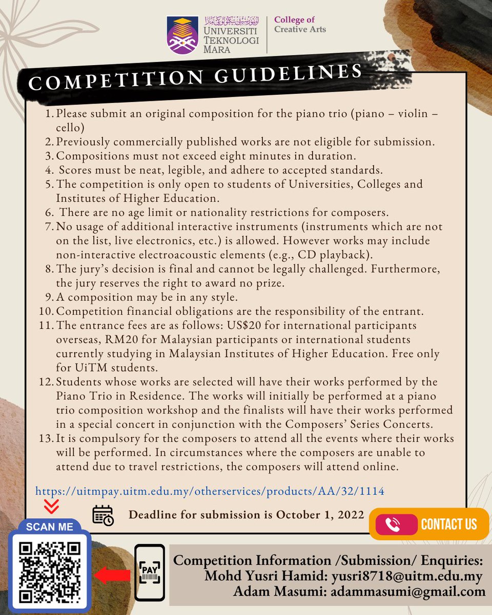 Entrance is free for all UiTM students, for more info please refer to the posters given. 

For non UiTM students, you may make your payment to: 
uitmpay.uitm.edu.my/otherservices/…

Submission date: 1/10/2022
Hope to hear from you soon! Thank you!