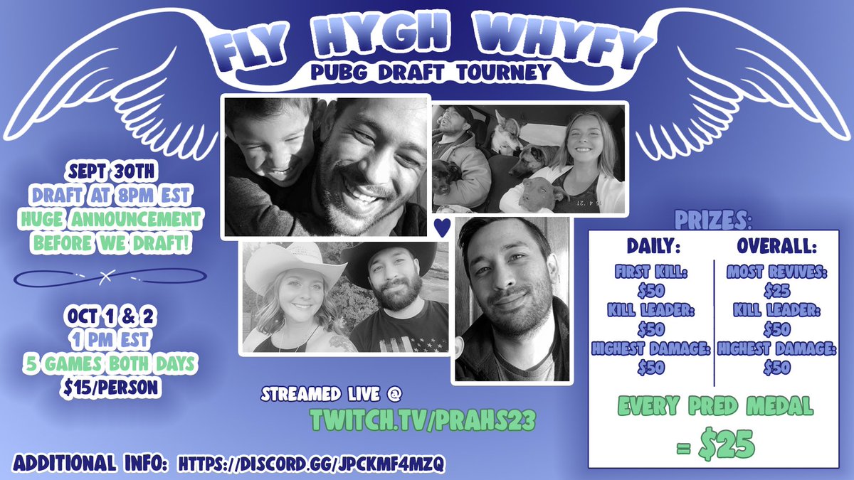 FLY HYGH WHYFY PUBG DRAFT TOURNEY! $15 per person! Lots of giveaways, Custom controller raffle,  and a HUGE announcement! Info on flyer or in dissy! discord.gg/CaJHcPqhyG Spread the word and let’s have some fun while honoring one of the most amazing humans to ever live!