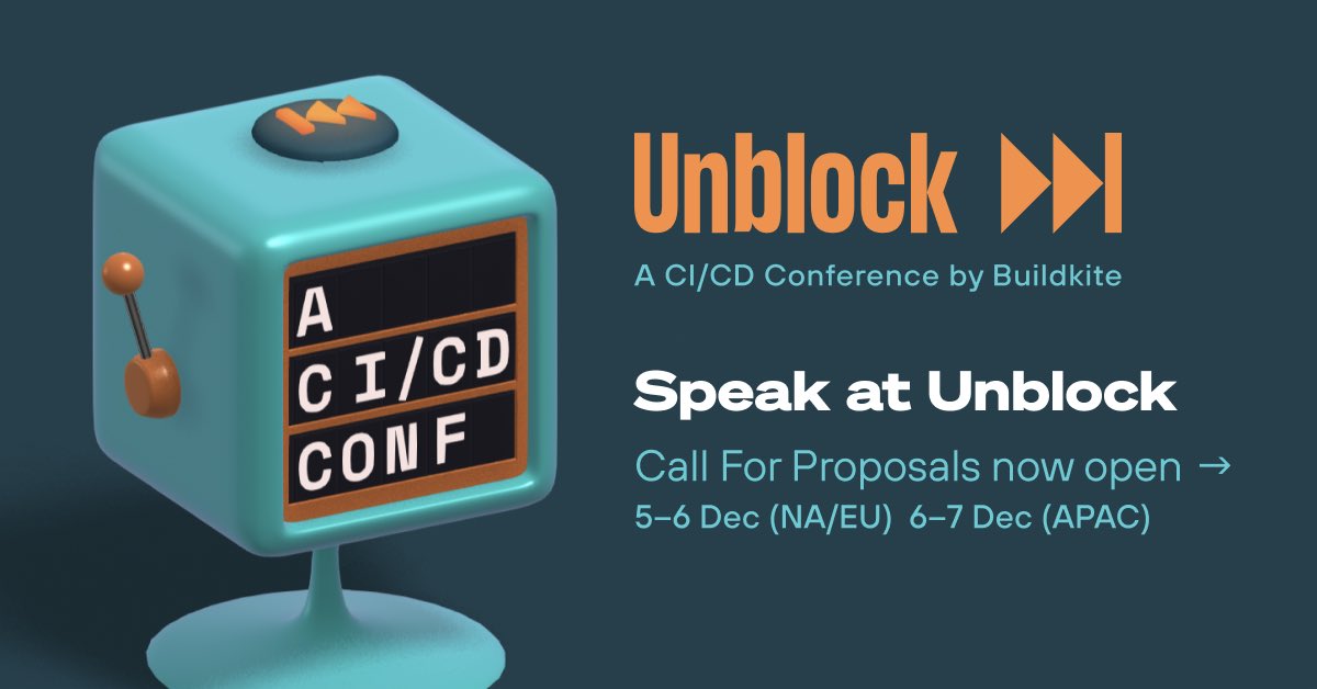 buildkite's tweet photo. Unblock’s CFP is open &amp; we want to hear from you! Some inspiration 👉 Do you do GitOps? Implemented a neat solution to improve your CI &amp; Infrastructure insights/visibility? Have autoscaling build agents in k8s?

Share your insights with the community! 💚👏 https://t.co/8xJsNHsjVh https://t.co/HrjRLIOLea