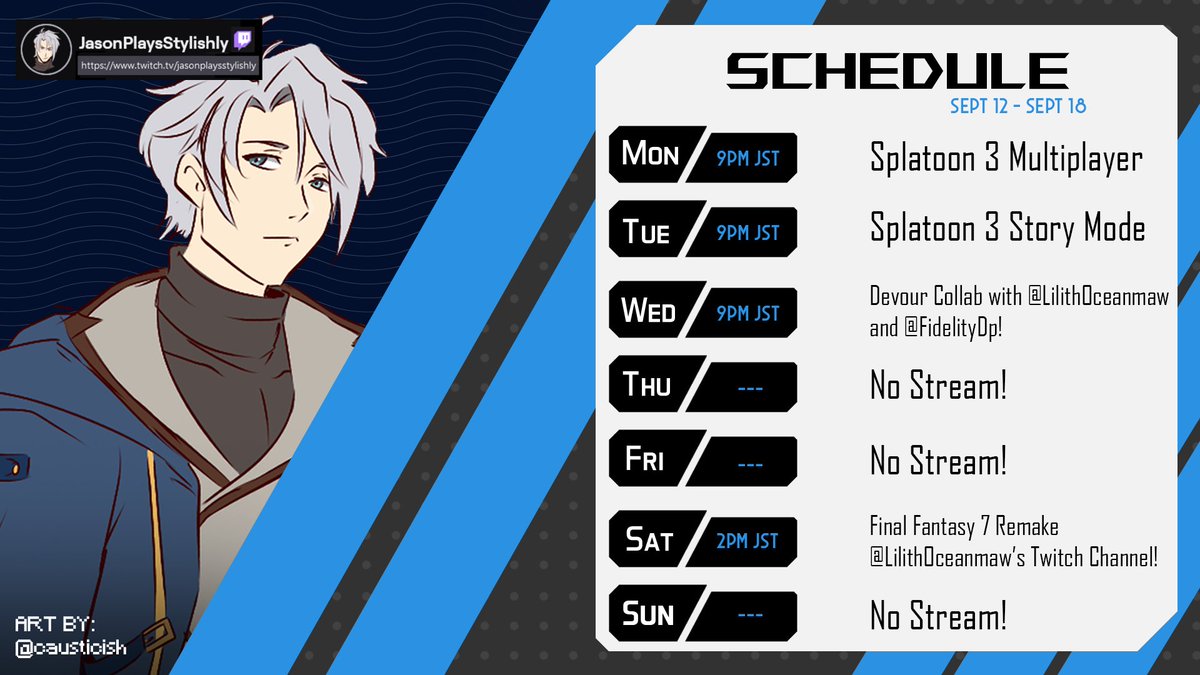 jsonsilverlight's tweet photo. Here's the schedule for this week! 
You know Splatoon 3 has been on my mind ever since launch day. Got more collabs this time around too; and its the first time I'll play a horror game on stream! 😨

#Vtuber #ENVtuber #PHVtuber https://t.co/zVABb02YcG