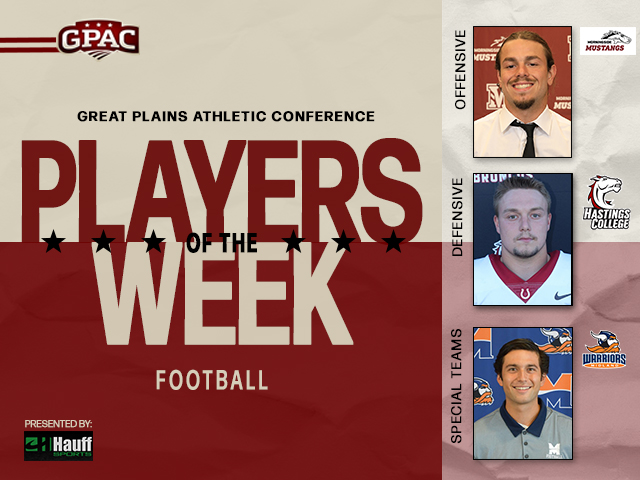 FOOTBALL: Week 2 Honors - (Offensive) Zach Norton of <a href="/MsideMustangs/">Morningside Mustangs 🐴</a>, (Defensive) Tyler Pawloski of <a href="/HastingsBroncos/">Hastings College Athletics</a> and (Special Teams) Jared Quinonez of <a href="/Midland_Sports/">Midland Warriors</a>.

Complete Release:
bit.ly/gpac_fb2