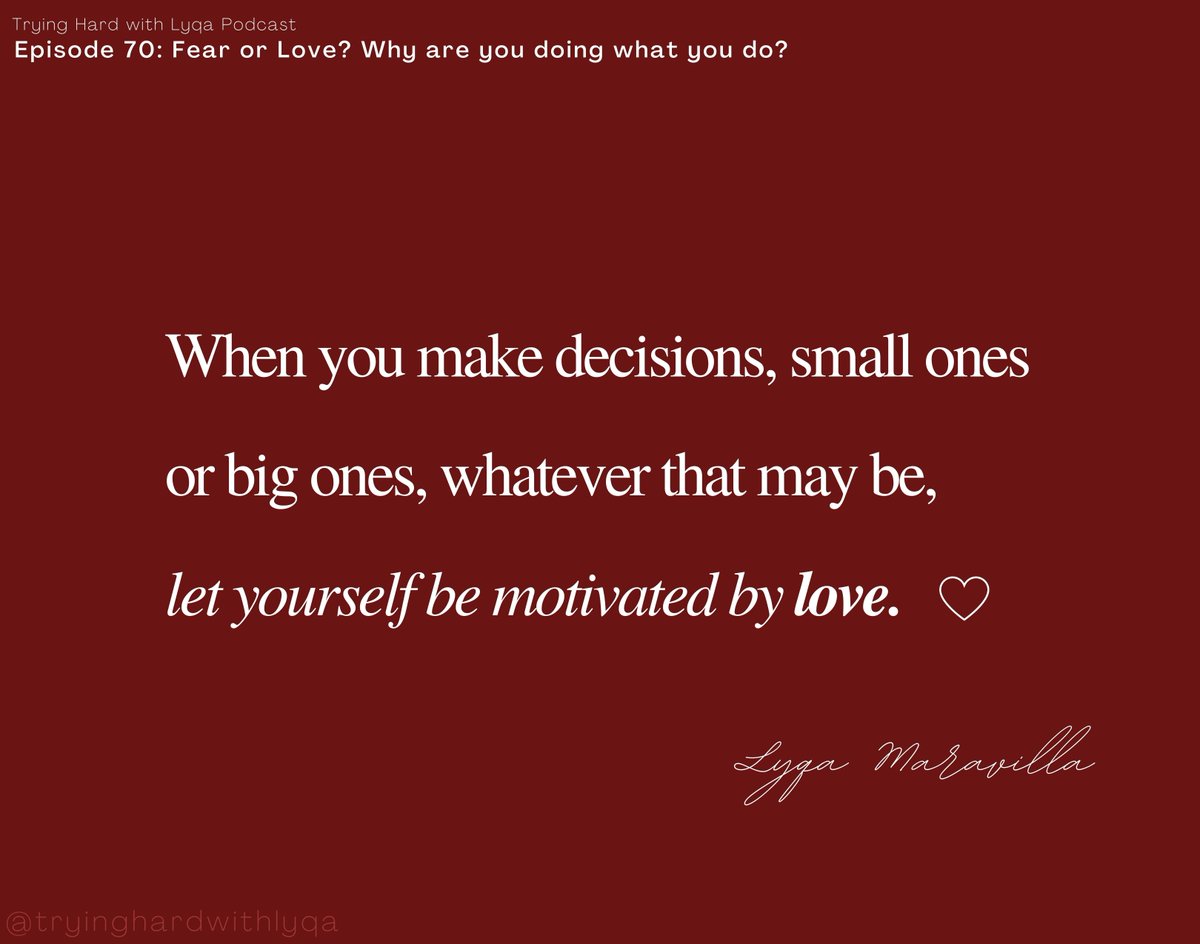 teamlyqa's tweet photo. Kaya ka ba hindi makaalis sa trabaho kasi mahal mo 'yan o dahil natatakot kang wala nang tatanggap sa 'yo?
Pag-usapan natin 'yan sa Episode 70: "Fear or Love? Why are you doing what you do?"
#TryingHardwithLyqa #PodcastPH https://t.co/rsPXEuBuCp