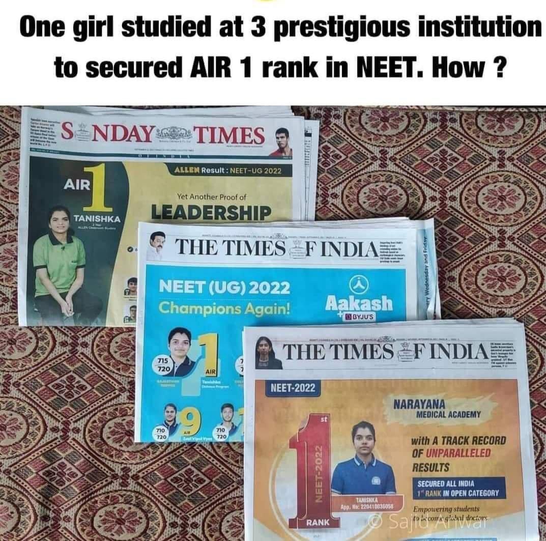 She Used to get coaching from all 3,Read for 72 hrs a day and Haan Don’t dare to question their Credibility because They all are speaking truth(They all are no 1😂😂).
#MedTwitter #IITJEE #NEETUG2022