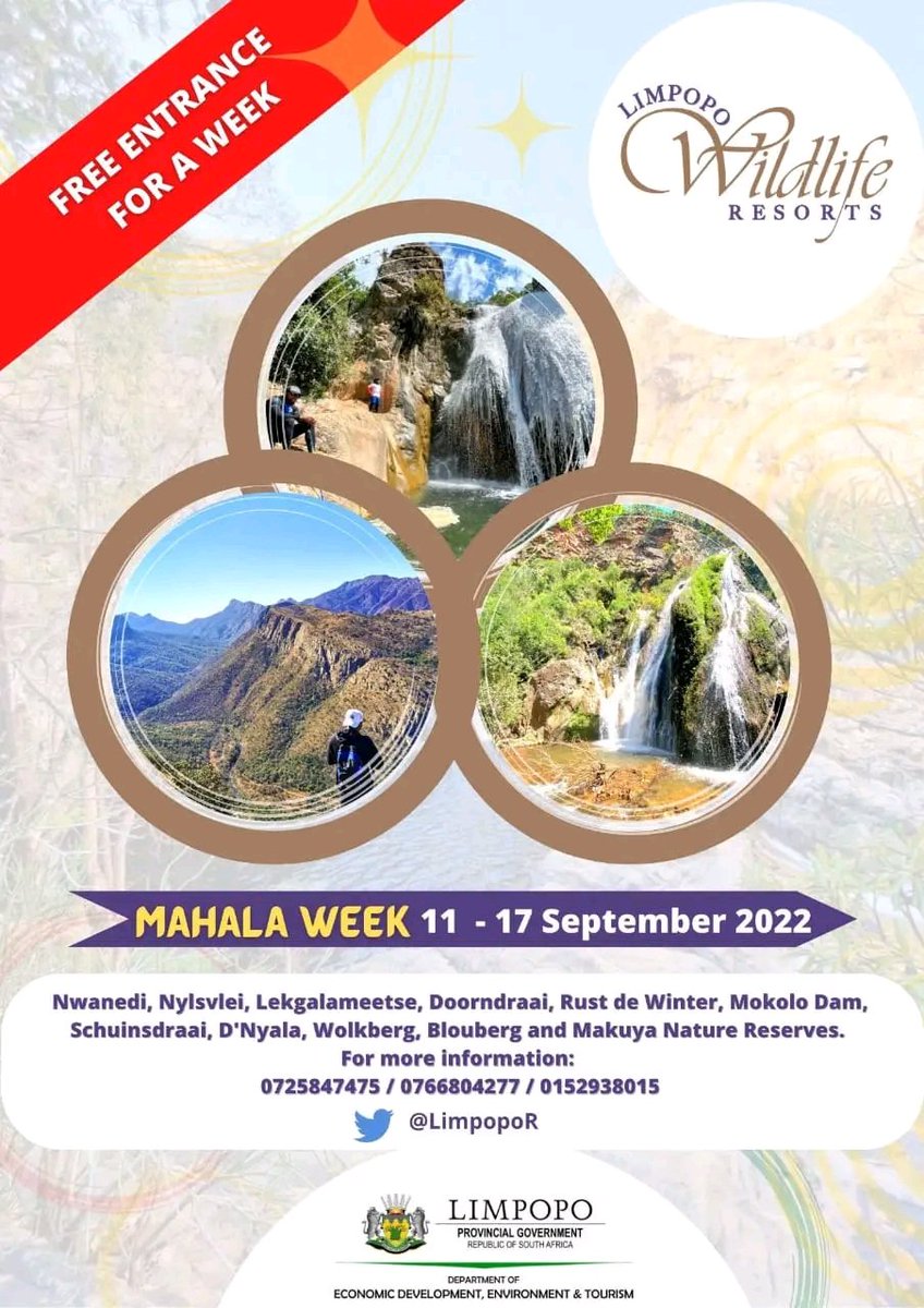 OtpLimpopo's tweet photo. It's a Mahala Week
Gain free access and only pay for accommodation and activities when you visit Limpopo Wildlife Resorts Provincial Parks from 11-17 September 2022
โ๏ธ015 293 8015 /Reservations.lwr@ledet.gov.za
#NatureAwaitsYou #Rethinkingtourism
#MahalaWeek https://t.co/Ez6fHk30Cv