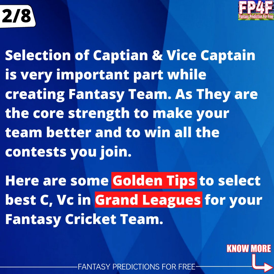 SportsStatsFree's tweet photo. Fantasy Tips of the Week : How to Select Best C Vc for Grand League or How to Choose Captain Vice Captain in Grand League Teams for Fantasy Apps like Dream11, MyFab11 etc.

Some Important Tips you can consider before selecting C VC in Your GL Teams.

#GrandLeague #CVc #GLTips https://t.co/fkRvQcX0rW