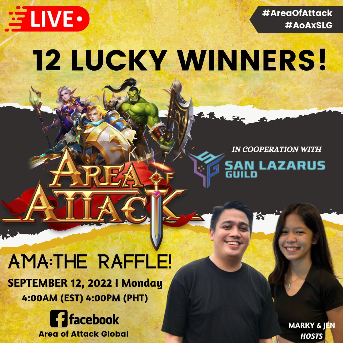 AreaofAttack's tweet image. 1 HOUR TO GO!

✨ Area of Attack x San Lazarus Guild's AMA: The Raffle! ✨

12 LUCKY WINNERS of NFTs worth $300 MATIC!

So make sure to tune in and be PRESENT!

Hosted by Marky &amp;amp; Jen
@themgorenseph
@ljsaints_

📅 September 12, 2022 I Monday
⏰ 4:00am EST I 4:00pm PHT