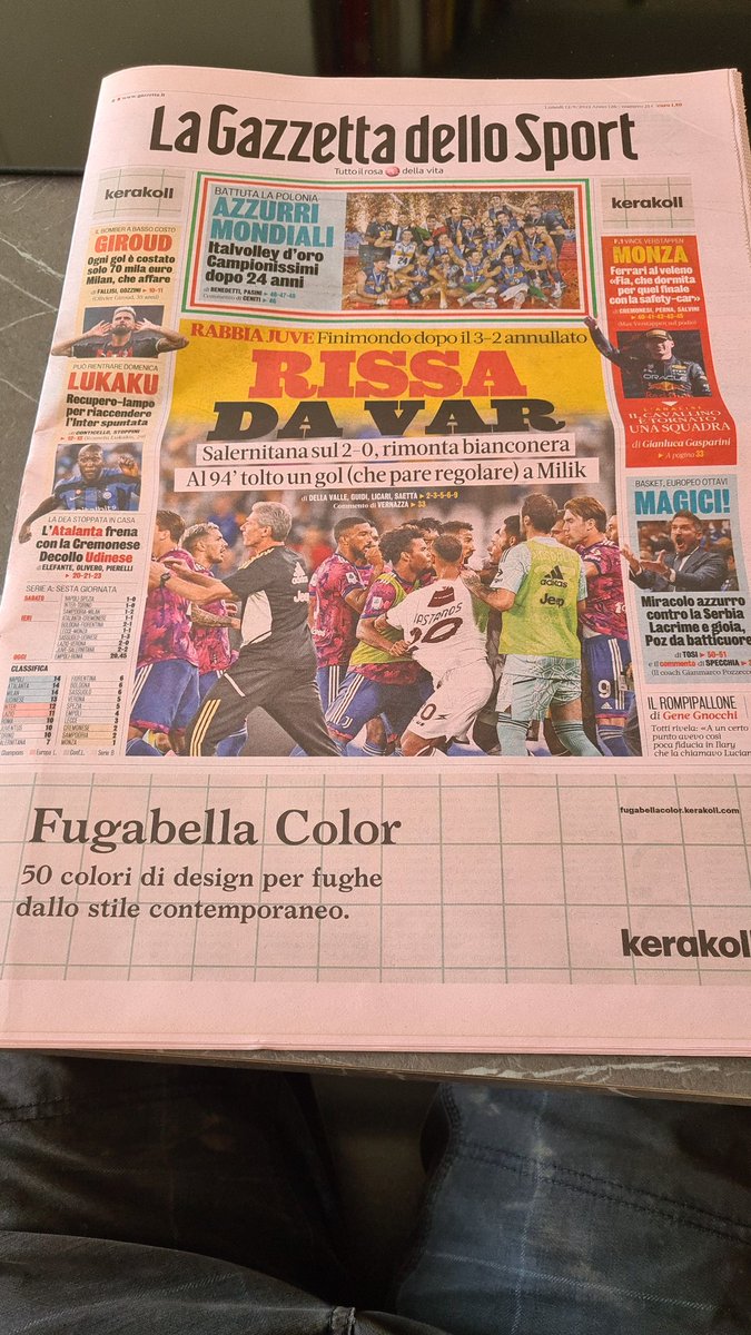 Complimenti alla <a href="/Gazzetta_it/">La Gazzetta dello Sport</a> per dare il giusto risalto ad una rissa educativa e lasciare ad un mondiale vinto #italvolley e un'impresa pazzesca #Italbasket a pagina 50!!