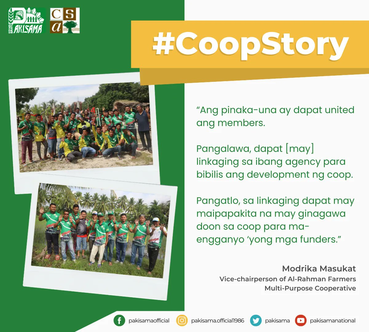 PAKISAMA's tweet photo. Ang pagiging organisado at pagkakaroon ng pagkakaisa ay ilan sa mga susi para makamit ang mga mithiin ng isang kooperatiba.

Alamin ang kwento ng inspirasyon at pag-asa ng Al Rahman Farmers MPC:  https://t.co/3oXDsA43nu

#CoopStory #PAKISAMAxCSAxFO4A #FO4A #Farmers4Asia https://t.co/ogdDUa3u57