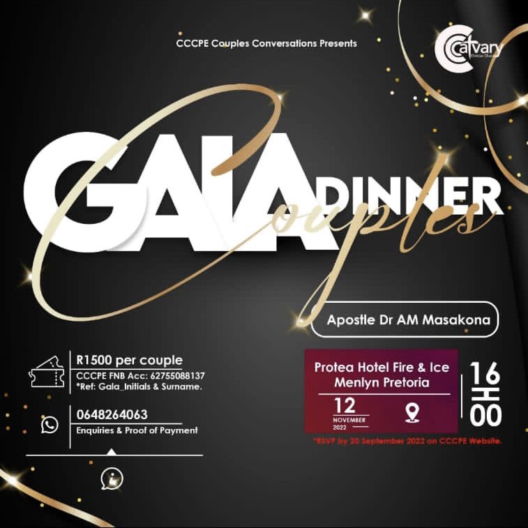 CCC_PEast's tweet photo. CCCPE Couples Conversations Presents- Couples Gala Dinner with Apostle Dr AM Masakona!
Secure your seat NOW by clicking the link:
https://t.co/42s0U7r5O0
NB: LIMITED SEATING AVAILABLE😉
#C3PE
#CouplesConversations
#YouInvited
#Shareit https://t.co/0AbkiImtSO