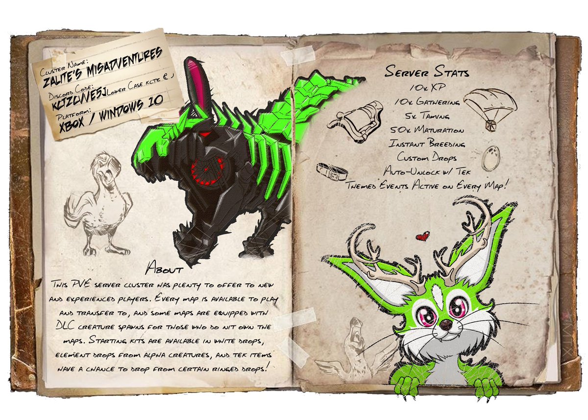 SlitherO6's tweet photo. Some Ark Server dossiers I’ve done! Great for a one-pic server advertisements! Will be a commission option in the future! (Battlegrounds has since been discontinued) #ARKSurvivalEvolved #art #digitalart #StosvarksRevenge #artist #ZalitesMisadventures https://t.co/ZCuPjaCwx7