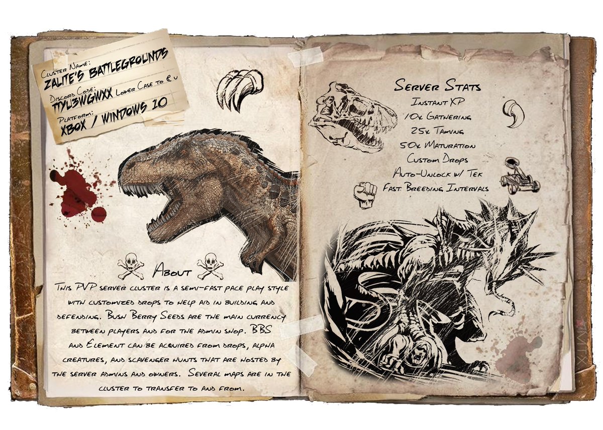 SlitherO6's tweet photo. Some Ark Server dossiers I’ve done! Great for a one-pic server advertisements! Will be a commission option in the future! (Battlegrounds has since been discontinued) #ARKSurvivalEvolved #art #digitalart #StosvarksRevenge #artist #ZalitesMisadventures https://t.co/ZCuPjaCwx7