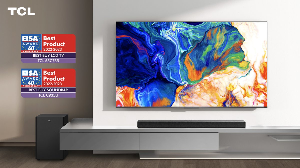 TCL_Japan's tweet photo. 完璧なコンボで恋に落ちましょう

ベスト バイLCDテレビ #TCL55C735 &amp;ベスト バイ サウンドバー #TCLC935U
TCLをお選びいただき、誠にありがとうございました#EISAAwards 🤟💗
皆様、TCL新製品の「購入準備」はできていますか？

#TCLInspireGreatness 
#ShowIsOn
#IFA2022 https://t.co/Flmk3tpLJz