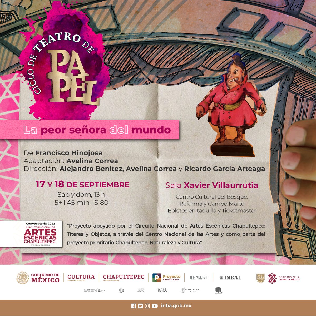 “Proyecto apoyado por el Circuito Nacional de Artes Escénicas Chapultepec: Títeres y Objetos, a través del Centro Nacional de las Artes y como parte del proyecto prioritario Chapultepec, Naturaleza y Cultura”.
Twitter 
<a href="/cenartmx/">Centro Nacional de las Artes</a> 
Facebook 
@cenartmexico 
Instagram 
<a href="/cenartmx/">Centro Nacional de las Artes</a>