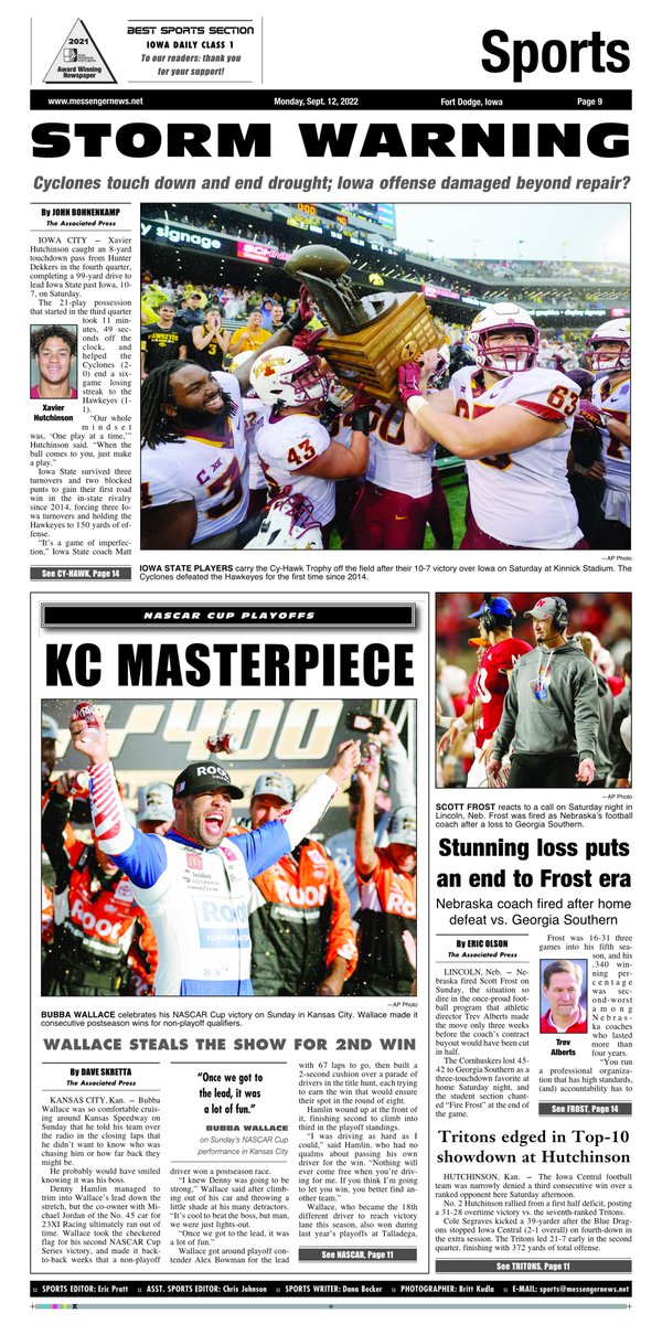 ByEricPratt's tweet photo. A sneak peek at Monday's Messenger sports section. Coverage from Iowa State's victory over Iowa, as well as all of the local and area sports from the weekend inside. #cyhawkgame https://t.co/m4Lkf3mD5z