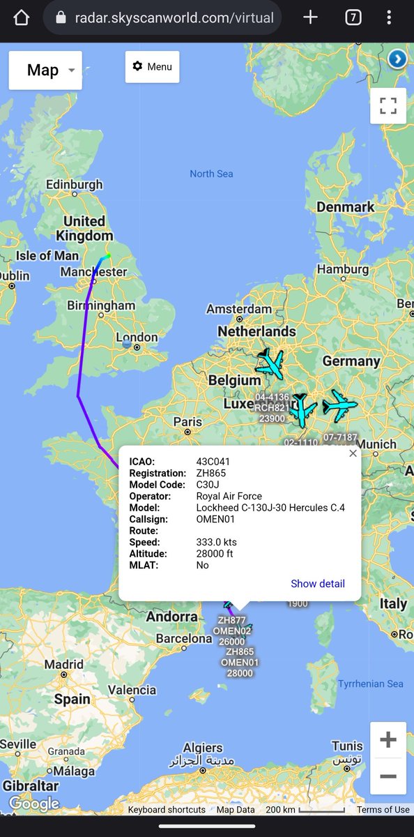 scan_sky's tweet photo. #OMEN Flight Out Of RAF Leeming 🇬🇧 & Currently Routing Over The Mediterranean.
2 x #RAF 🇬🇧 - Lockheed C-130J-30 Hercules - #ZH865 - #OMEN1/#ZH877 - #OMEN2 https://t.co/gP9sIFaEpe