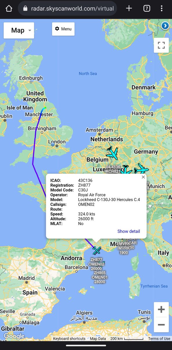 scan_sky's tweet photo. #OMEN Flight Out Of RAF Leeming 🇬🇧 & Currently Routing Over The Mediterranean.
2 x #RAF 🇬🇧 - Lockheed C-130J-30 Hercules - #ZH865 - #OMEN1/#ZH877 - #OMEN2 https://t.co/gP9sIFaEpe