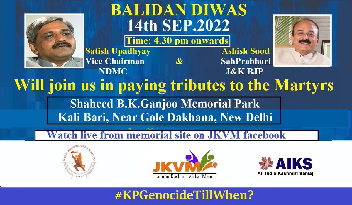 jk_jkvm's tweet photo. Let us pay tributes to our martyrs who fell prey to the Islamcjehad terrorists in #Kashmir
#KPGenocideTillWhen? #BalidanDiwas #14Sep. #NeverForget1990 #kashmiris
@upadhyaysbjp @ashishsood_bjp https://t.co/hGe38piand