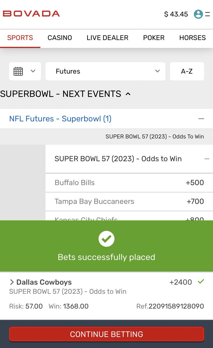 itskathryndunn's tweet photo. in fact, I just put $57 down on my boys taking home the Super Bowl 57 winπ never seen such a sure bet with such a big payout! Gotta take advantage while I still canπ #DallasCowboys
@BovadaOfficial #bovadapartner https://t.co/Xu48KyLfC6